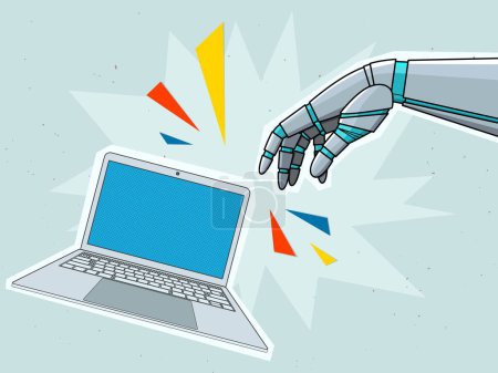 Illustration for Robot hand and a laptop in a modern collage style. Vector illustration - Royalty Free Image