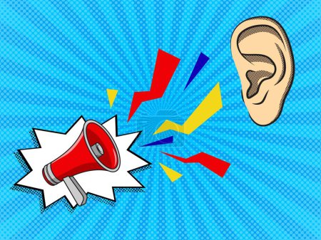 Ilustración de Concepto de comunicación - megáfono rojo y oído. Hablando y escuchando. Ilustración vectorial - Imagen libre de derechos
