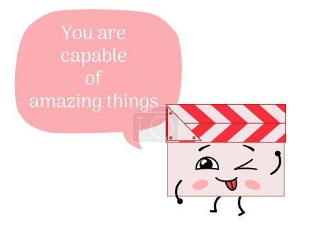 Illustration for Kawaii movie clap with a big speech bubble and cute quote. Cartoon character cinema clapperboard. Vector illustration isolated on white background - Royalty Free Image