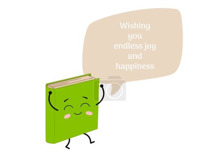 Ilustración de Libro de Kawaii con una gran burbuja de discurso y cita linda. Caricatura personaje portátil verde. Ilustración vectorial aislada sobre fondo blanco - Imagen libre de derechos