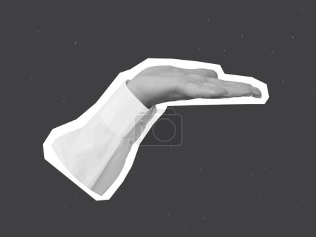 Black and white hand in a white shirt holds something - element for collage. Vector illustration