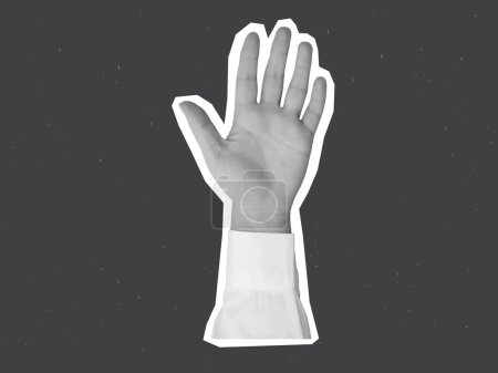 Black and white hand in a white shirt with an open palm - element for collage. Vector illustration
