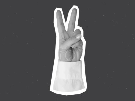 Black and white hand in a white shirt shows the V gesture - element for collage. Vector illustration