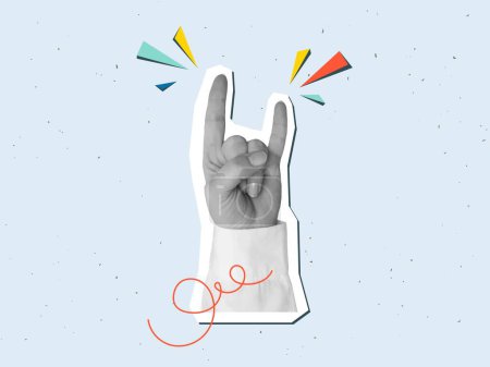 Illustration for Black and white woman's hand in a white shirt shows horns gesture. Vector illustration in a modern collage style - Royalty Free Image