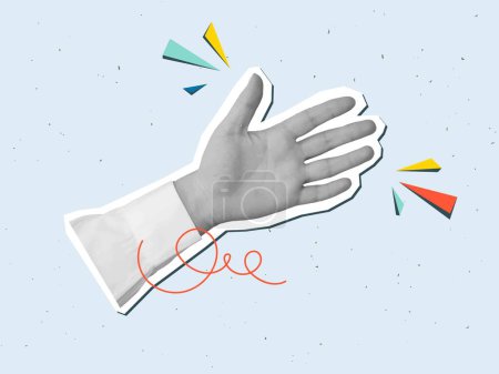Black and white hand in a white shirt with an open palm. Vector illustration in a modern collage style