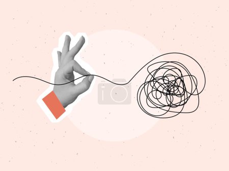 A hand pulls a thread from a tangled ball. Concept of problem solving and eliminating uncertainty. Vector illustration in a modern collage style