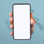 male hand holding phone with blank white screen