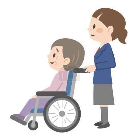 Téléchargez les illustrations : Illustration d'un jeune aidant poussant un fauteuil roulant - en licence libre de droit