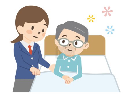 Illustration for Illustration of a young carer taking care of a grandfather - Royalty Free Image