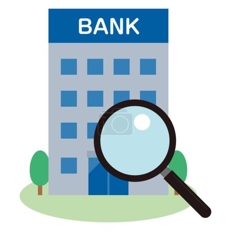 Illustration for Simple vector illustration of bank and loupe. Japanese characters translation: "Bank" - Royalty Free Image