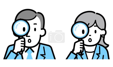 Téléchargez les illustrations : Illustration vectorielle d'un homme et d'une femme d'affaires regardant à travers une loupe - en licence libre de droit