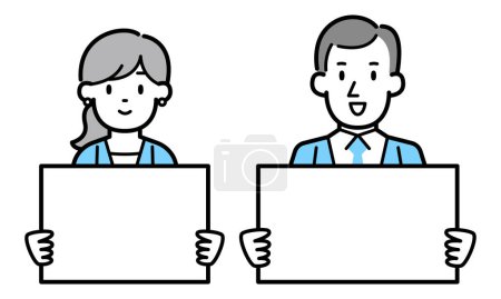 Téléchargez les photos : Illustration vectorielle d'un homme et d'une femme d'affaires tenant un tableau blanc - en image libre de droit