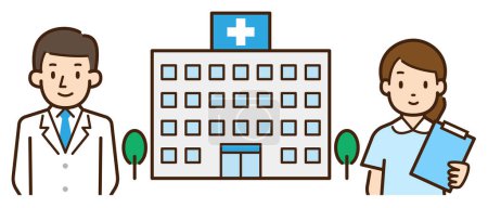 Téléchargez les illustrations : Illustration vectorielle du médecin et de l'infirmière et hôpital - en licence libre de droit