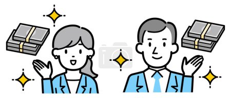 Téléchargez les illustrations : Homme d'affaires et femme d'affaires avec illustration vectorielle de l'argent - en licence libre de droit