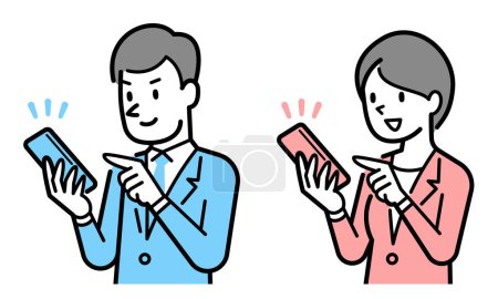 Téléchargez les illustrations : Illustration vectorielle d'un homme d'affaires et d'une femme d'affaires utilisant un smartphone - en licence libre de droit