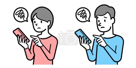 Téléchargez les illustrations : Illustration vectorielle d'un homme et d'une femme regardant un smartphone avec une expression troublée - en licence libre de droit