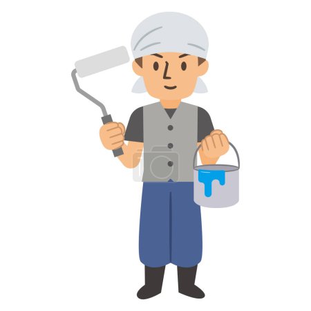 Téléchargez les illustrations : Illustration vectorielle d'un ouvrier tenant un rouleau de peinture - en licence libre de droit