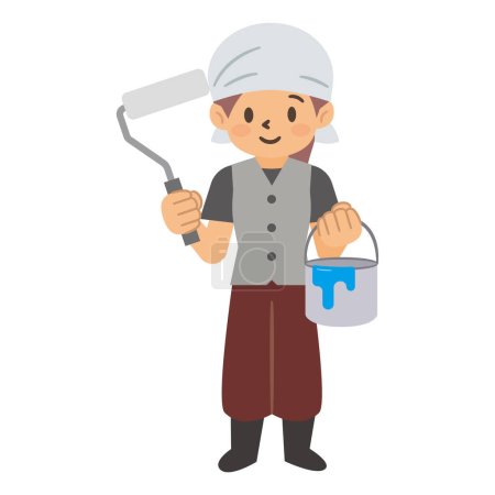 Illustration for Vector illustration of a female craftsman holding a paint roller - Royalty Free Image