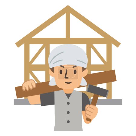 Illustration for House under construction and carpenter vector illustration - Royalty Free Image