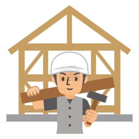 Illustration for House under construction and carpenter vector illustration - Royalty Free Image