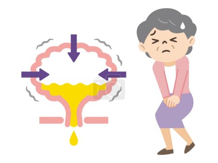 Vector illustration of a senior woman holding her crotch and holding back the urge to urinate