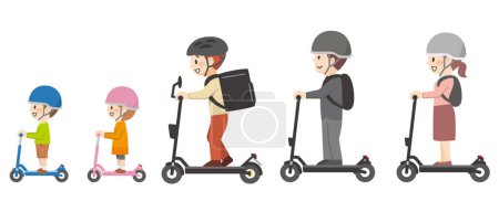 Téléchargez les illustrations : Illustration vectorielle de personnes chevauchant des scooters électriques - en licence libre de droit