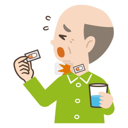 Illustration vectorielle d'une personne âgée qui a accidentellement avalé une fiche d'emballage d'un médicament
