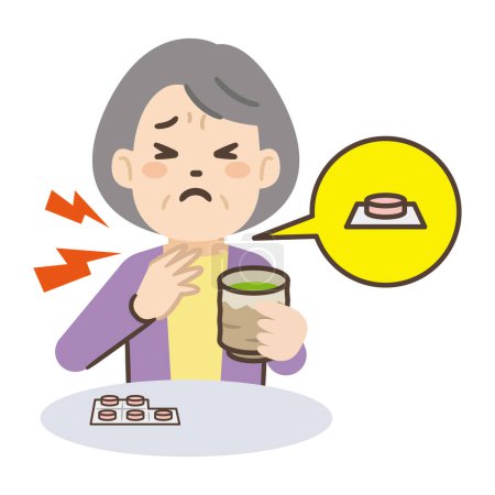Illustration vectorielle d'une personne âgée qui a accidentellement avalé une fiche d'emballage d'un médicament