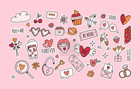 Ilustración de Set of valentines day elements stickers in doodle style.Romantic vector illustration of heart,love,padlock and tape for 14 february on white background for social posts or postcard design. - Imagen libre de derechos