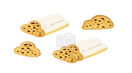 Stollen traditional german pastry for christmas,advent time.Sweet bread with raisins in winter time.Set of different views.Vector illustration in cartoon style isolated on white background.