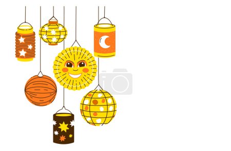 Illustration for Diverse Lanterns in compostion for Saint Martin day or Laternenumzug,traditional german and european light festival for children.Vector illustration on white background. - Royalty Free Image