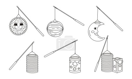 Illustration for Diverse Lantern on the stick for Saint Martin day or Laternenumzug,traditional german and european light festival for children.Line vector illustration on white background. - Royalty Free Image