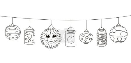 Illustration for Garland with diverse Lanterns for Saint Martin day or Laternenumzug,traditional german and european light festival for children.Line Vector illustration on white background. - Royalty Free Image