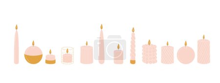 Ensemble de diverses bougies blanches et dorées pour spa et aromathérapie. Illustration vectorielle dans un style plat dessin animé sur fond blanc