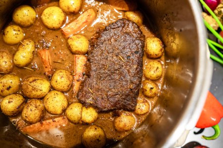 Delicious homemade slow cooked beef pot roast.