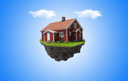 Photo for 3d illustration Little fine island / planet. A piece of land in the air. Lawn with house and tree. Pathway in the grass. Detailed ground in the base. Concept of success and happiness, idyllic ecological lifestyle - Royalty Free Image