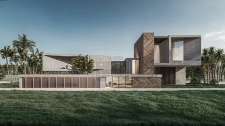 Téléchargez les photos : Architecture 3d rendu illustration de la maison moderne minimale avec paysage naturel - en image libre de droit
