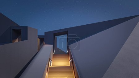Foto de Arquitectura 3d representación ilustración de la casa mínima con luces en las escaleras al atardecer - Imagen libre de derechos