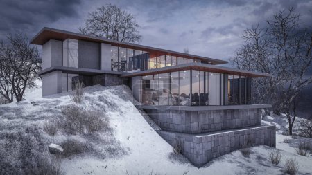Téléchargez les photos : Architecture 3d rendu illustration de la maison minimale moderne - en image libre de droit