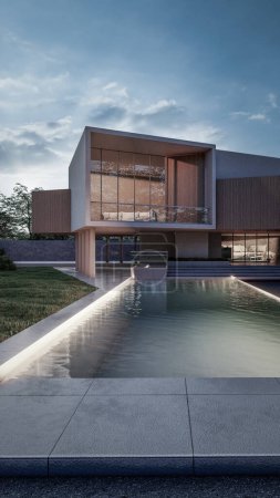 Photo for Architecture 3d rendering illustration of modern minimal house with a glass door and swimming pool - Royalty Free Image