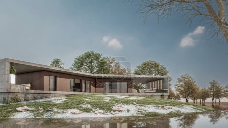 Téléchargez les photos : Architecture 3d rendu illustration de la maison minimale moderne - en image libre de droit
