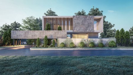 Téléchargez les photos : Architecture 3d rendu illustration de la maison moderne minimale avec paysage naturel et passerelle - en image libre de droit