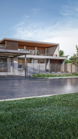 Photo for Architecture 3d rendering illustration of modern minimal house with natural landscape and walkway - Royalty Free Image