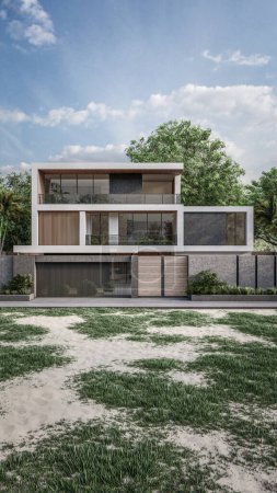 Photo for Architecture 3d rendering illustration of modern minimal house with natural landscape and walkway - Royalty Free Image