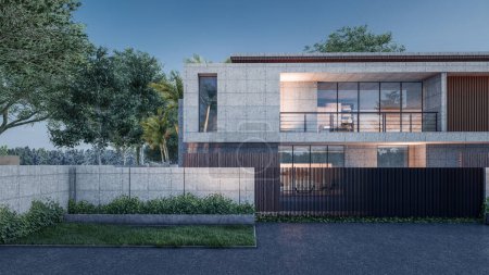 Foto de Arquitectura 3d representación ilustración de la casa moderna mínima con paisaje natural y pasarela - Imagen libre de derechos