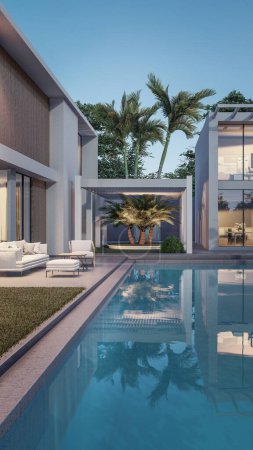 Foto de Arquitectura 3d representación ilustración de la casa moderna mínima con paisaje natural y pasarela - Imagen libre de derechos