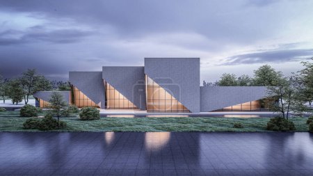 Téléchargez les photos : Architecture 3d rendu illustration de maison minimale avec réflexion du front de mer - en image libre de droit