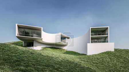 Téléchargez les photos : Architecture Illustration de rendu 3D de maison blanche minimale avec paysage de terrain en pente naturelle - en image libre de droit