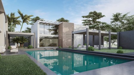 Téléchargez les photos : Architecture 3d rendu illustration de maison minimale avec piscine - en image libre de droit