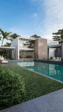 Téléchargez les photos : Architecture 3d rendu illustration de maison minimale avec piscine - en image libre de droit